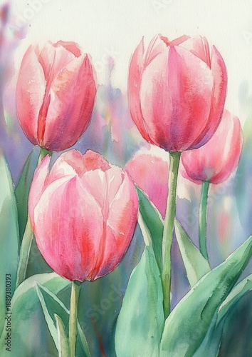 Three pink tulips with green stems and leaves in a soft watercolor composition, delicate pastel background and blooms conveying peaceful, gentle and hopeful springtime feeling