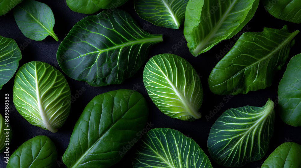 Obraz premium Close-up of fresh green leafy vegetables with visible veins creating a vibrant natural texture. 
