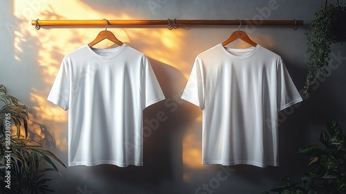 Two plain white t-shirts on wooden hangers suspended from a wooden rod against a textured wall, bathed in warm sunlight with soft leafy shadows, calm minimalist scene