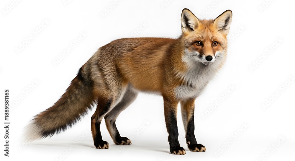 Fototapeta premium Captivating Red Fox Portrait on Pristine White Background, Showcasing its Vibrant Fur and Alert Gaze in a Detailed Studio Shot