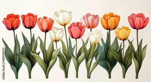 colorful row of tulip flowers with graceful green leaves on a soft neutral background, cheerful springtime floral arrangement