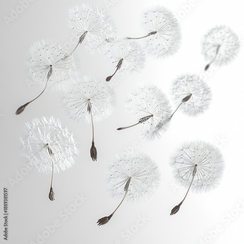 Close-up of white dandelion seed heads gently floating in the air on a plain light background, evoking a sense of calm and delicate beauty