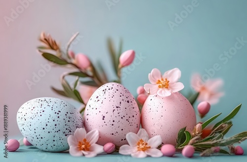 Three pastel speckled eggs surrounded by pink buds and white flowers on a soft blue background evoking spring and celebration