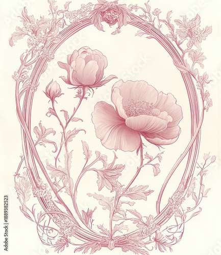 Detailed delicate drawing of blooming flowers with intricate leaves and an ornate oval frame, highlighting natural beauty and elegance