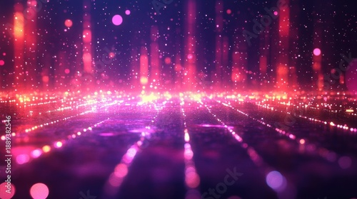 Abstract digital landscape with glowing neon lights and particles creating a futuristic and vibrant atmosphere