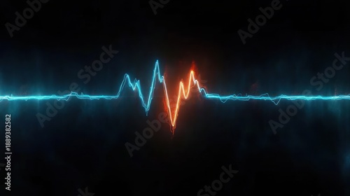 glowing neon heartbeat waveform across dark background with contrasting blue and orange pulse conveying energy and intensity