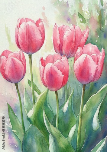 Delicate pink tulips with green leaves painted in soft watercolor, serene and uplifting spring blooms