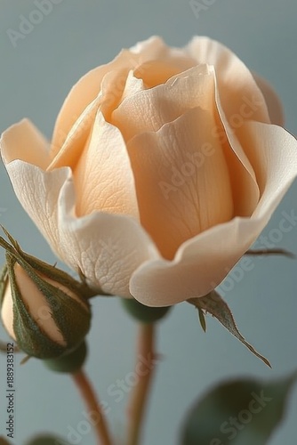 Close-up of a delicate cream-colored rosebud partially opened with soft petals and a smaller bud beside it against a muted blue background