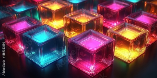 Close-up of glowing translucent cubes in various bright colors arranged in a pattern on a dark surface, creating a vibrant and futuristic visual effect