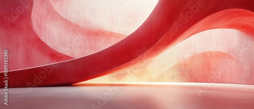 Minimalistic red curved architectural interior with smooth flowing ribbons and soft gradient lighting evoking calm and elegance