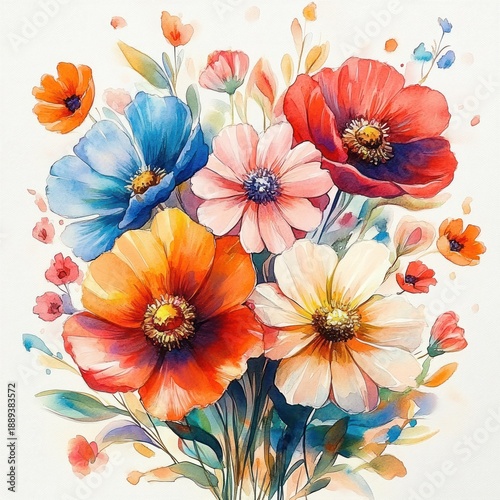 Bright and colorful bouquet of various large and small flowers in vibrant orange, red, blue, pink, and white hues with green stems and delicate leaves in a watercolor style