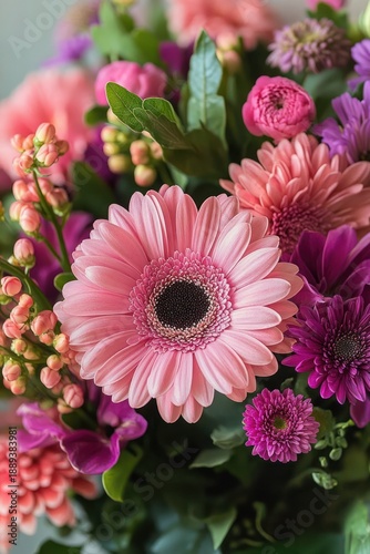 Close-up of a vibrant mixed bouquet with a pink gerbera daisy, purple chrysanthemums, small pink buds and green foliage, evoking joyful romantic freshness