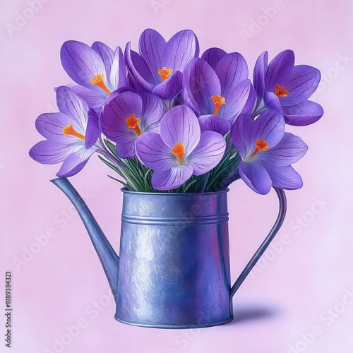 vibrant purple crocus flowers arranged in a rustic metallic watering can against a soft pink background, evoking a fresh and cheerful springtime mood