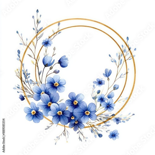 delicate watercolor blue floral wreath with golden double rings, a serene and elegant botanical arrangement on white background