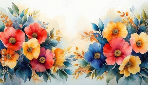 two vibrant watercolor floral bouquets of colorful poppy-like flowers and lush leafy foliage on a soft wash background evoking cheerful serenity