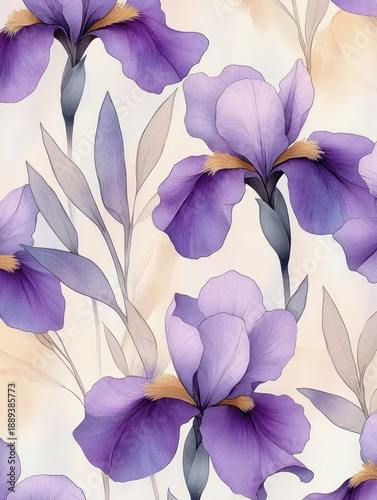 delicate purple iris flowers with soft petals and muted greyish leaves on a light beige background evoking calm and elegance