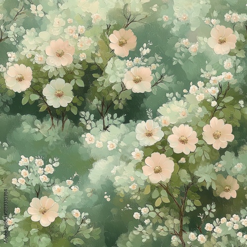 Delicate pale pink and cream wild rose blossoms and small white flowers on leafy green branches in a soft dreamy painterly background, serene spring floral scene