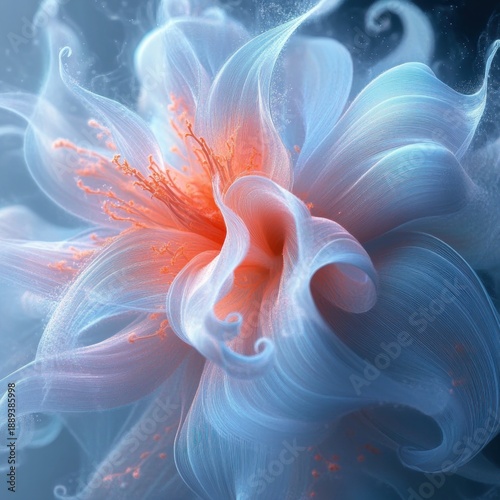 Close-up of a delicate translucent flower with soft blue petals and vibrant orange stamens emitting a gentle glowing effect, creating a serene and ethereal atmosphere