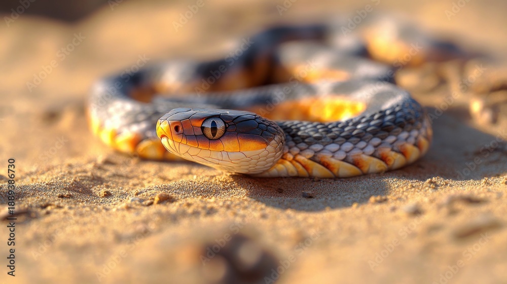 Fototapeta premium coiled sunlit snake with patterned scales resting on warm sandy ground, alert watchful gaze