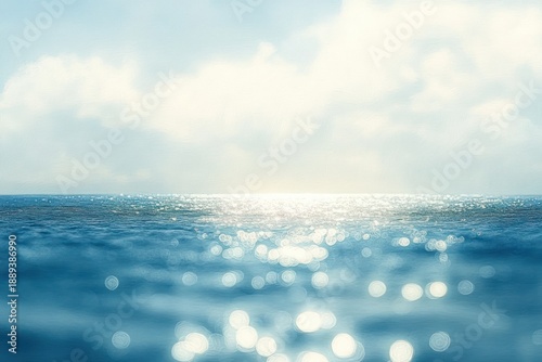 sunlit ocean horizon with shimmering bokeh reflections and soft clouds, peaceful and dreamy