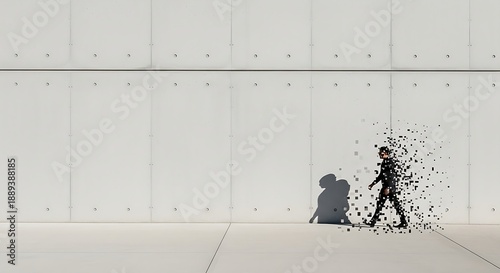 Man walking and digitally dissolving into pixels against a stark concrete wall.