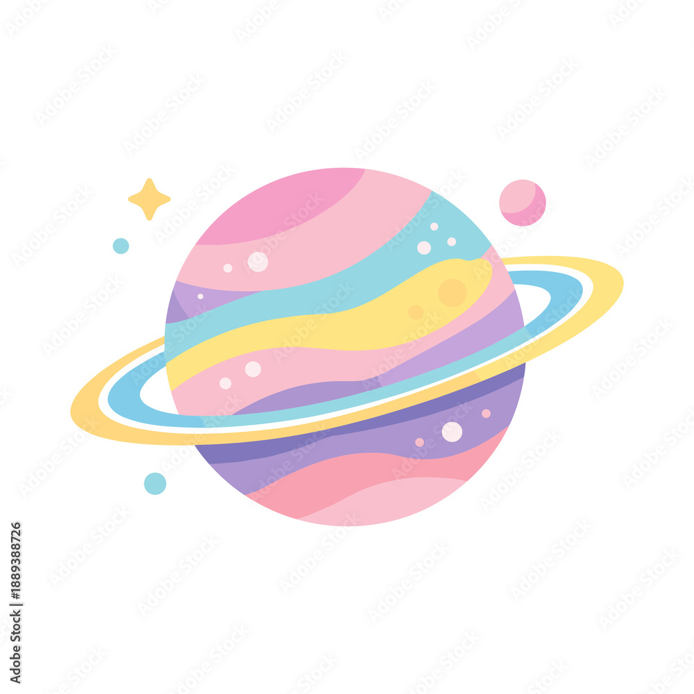 Naklejka premium Colorful planet with rings and stars flat vector illustration