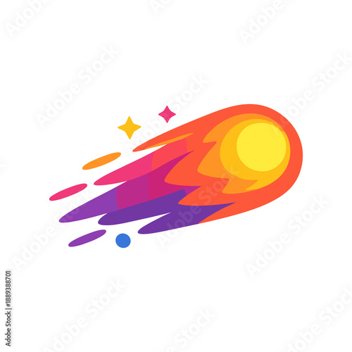 Colorful fiery comet with stars flat vector illustration