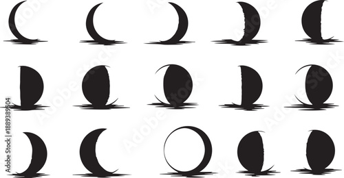 Phases of the Moon Lunar Cycle Silhouette Illustrations Set