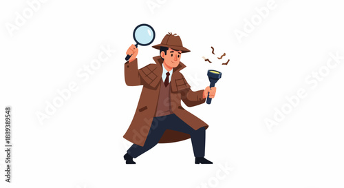A cartoon detective in a brown trench coat and hat holds a magnifying glass and megaphone on a white background.