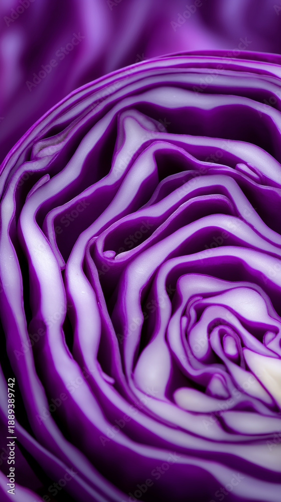 Obraz premium Close-up of sliced purple cabbage revealing intricate natural patterns and fresh vegetable texture. 