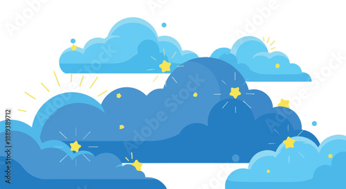 Illustration of blue cartoon clouds with yellow sparkles on a white background, conveying a sunny and cheerful atmosphere.