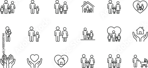 Family And Parenting Line Icon Set With Parents Children Home Heart Support Care Baby Stroller And Community Symbols