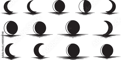Phases of the Moon in Black and White Illustration
