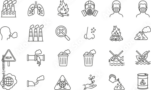 Environmental Pollution And Climate Change Line Icon Set With Industrial Factory Smoke Toxic Waste Air Quality And Sustainability