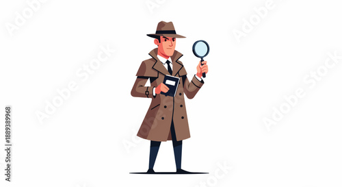 Cartoon illustration of a detective in a brown trench coat and hat holding a magnifying glass and notebook standing on a plain white background with a neutral mood.