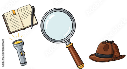A flat lay of a magnifying glass, detective hat, flashlight, and open book on a clean white background with a cartoonish style and educational mood.