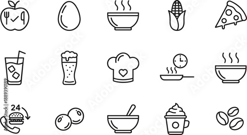 Food And Beverage Line Icon Set With Healthy Apple Pizza Coffee Beans Chef Hat Breakfast Soup And Restaurant Symbols