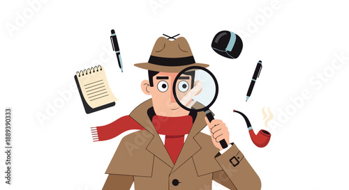 Cartoon detective in a brown trench coat examining clues with a magnifying glass on a white background.
