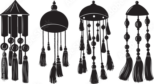 Black and white illustration of hanging dreamcatcher wall art