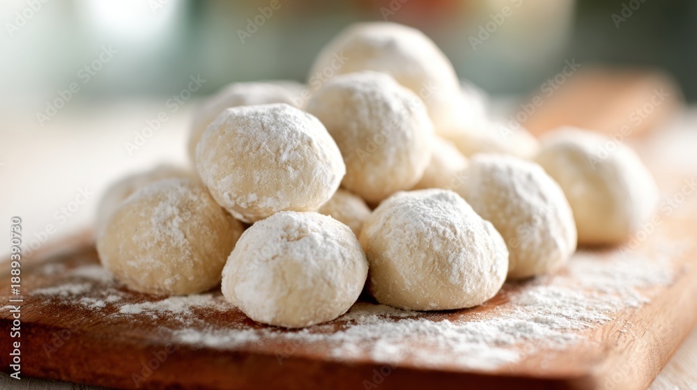 Fototapeta premium Baking small round cookies with powdered sugar in a cozy kitchen setting