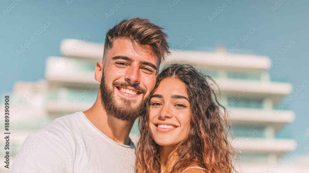 Obraz premium Couple smiles together in front of modern building under clear sky