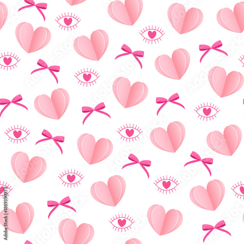 Valentine’s Day Seamless Pattern with Pink Hearts, Bows, Cute Romantic Background for Gift Wrap, Packaging, Textile, Stationery and Holiday Design.