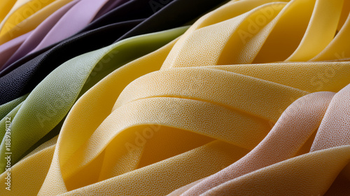 Close-up of uncooked colorful pasta ribbons arranged in flowing layered waves highlighting texture and Italian cuisine.
