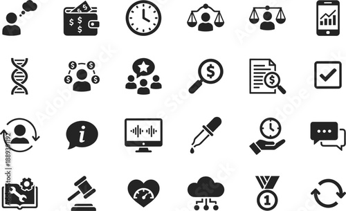 Business And Science Glyph Icon Set With DNA Justice Scales Wallet Time Management Cloud Computing Law And Innovation Symbols