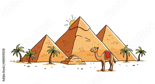 Illustration of a camel standing in front of three pyramids with palm trees and a sun in a desert landscape.