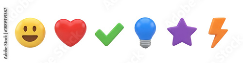Collection of colorful 3D rendered emojis and icons including happy face, heart, checkmark, lightbulb, star, and lightning bolt, isolated on white.