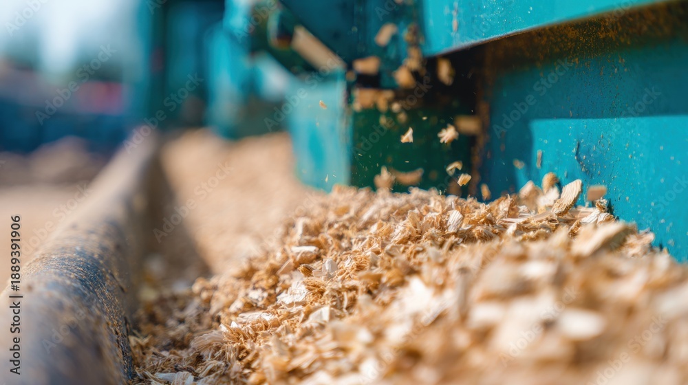 Naklejka premium Wood chips fall from a machine in a lumber yard during daytime work hours