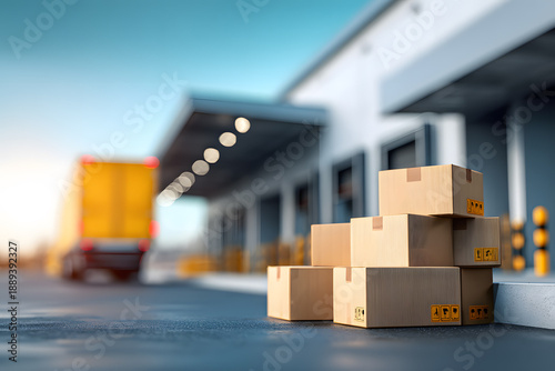 Packages are stacked outside a loading dock with a delivery truck in the background during the evening