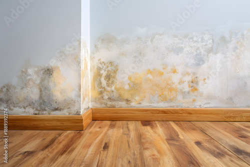 Mold growth on wall and corner of room with wooden floor in indoor space
