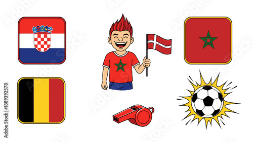 A colorful vector graphic illustration of a soccer fan with flags and a megaphone